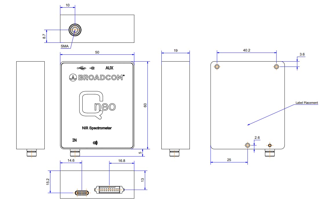 Mechanical Drawing - Broadcom Qneo AFBR-S20N1N256 Neat NIR Spectrometer Mechanical Drawing - Broadcom Qneo AFBR-S20N1N256 Neat NIR Spectrometer